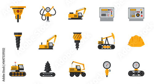 Construction equipment icons set with yellow industrial machinery elements
