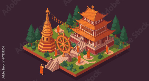 Isometric buddhist temple with monks and prayer wheel in tranquil garden setting
