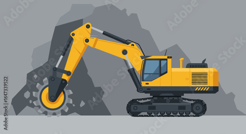 Industrial excavator with rotating cutter in action against rocky background