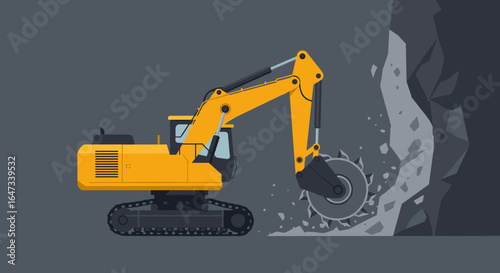 Yellow excavator breaking rocks: flat design construction equipment on grey background