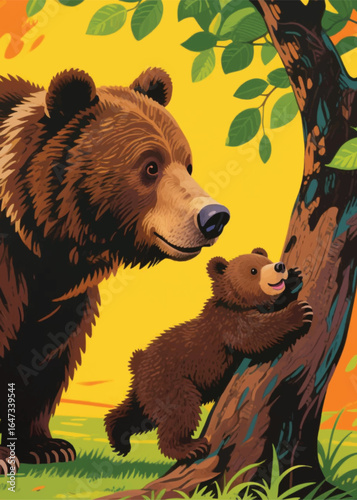 funny bear family in the tree Illustrator Artwork design template poster
