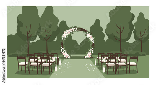 Elegant outdoor wedding ceremony with floral arch and seating in a lush garden setting