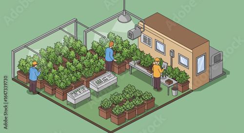 Indoor cannabis cultivation in isometric greenhouse setup with workers