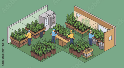 Isometric indoor cannabis cultivation with workers in a greenhouse environment