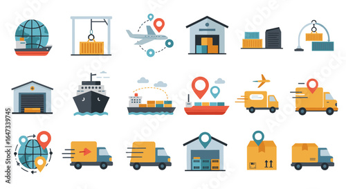 Shipping and delivery icons set featuring flat design logistics and transportation elements