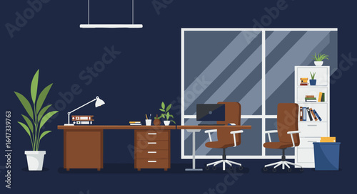 Modern office interior with desks and chairs in flat design