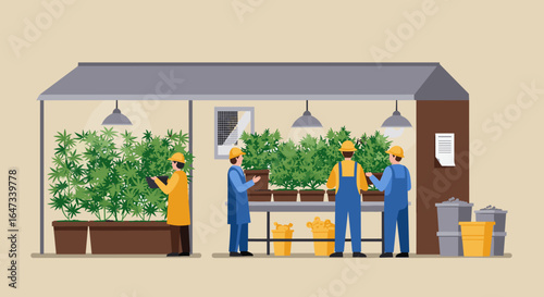 Indoor plant cultivation and teamwork in a modern greenhouse setting