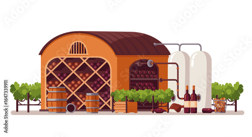 Rustic winery storage with barrels and bottles in vineyard setting