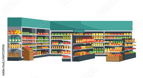 Modern supermarket aisle with assorted products on shelves in bright colors