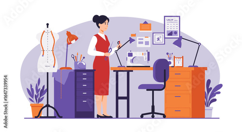 Seamstress in studio with sewing machine, mannequin, and desk setup
