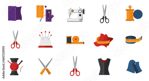 Sewing essentials set with tools and supplies in flat design for crafting and tailoring