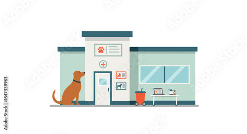 Animal clinic building with waiting dog and medical supplies