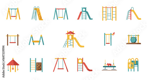 Colorful playground equipment: swings, slides, and climbing structures for kids