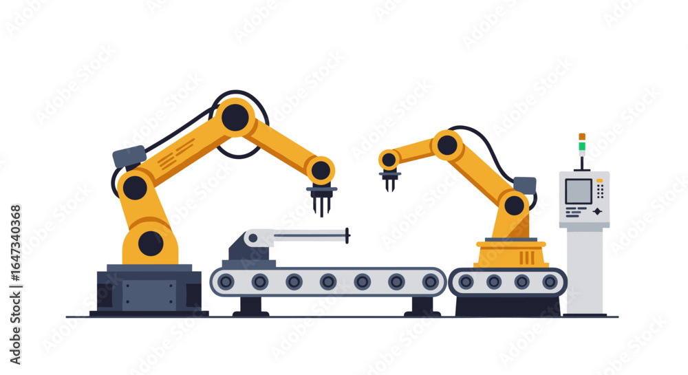 Fototapeta premium Automated industrial robot arms with conveyor belt and control panel