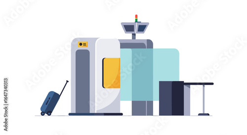 Modern airport security checkpoint with luggage and metal detector in flat design
