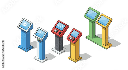 Isometric smart kiosks displaying touchscreens in various colors