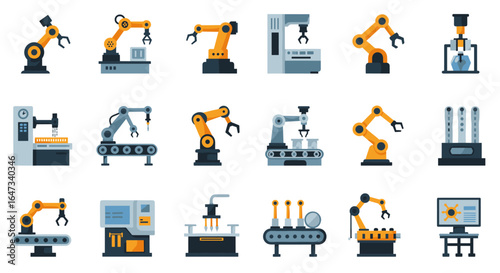 Robotic arm machinery icons for modern industrial automation