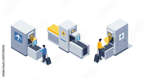 Isometric airport security checkpoint with scanning machines and passengers