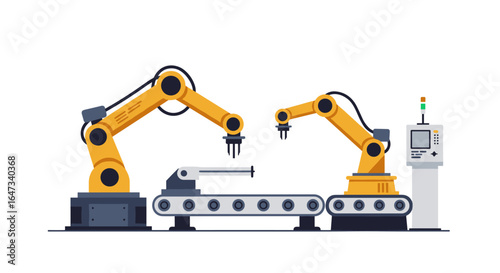Automated industrial robot arms with conveyor belt and control panel