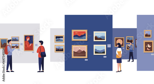 Art gallery visit with visitors observing modern paintings and photography