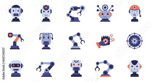 Futuristic robotics icons in flat design featuring robots, machinery, and ai elements