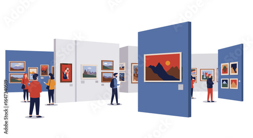 Contemporary art exhibition with minimalist designs in modern gallery setting