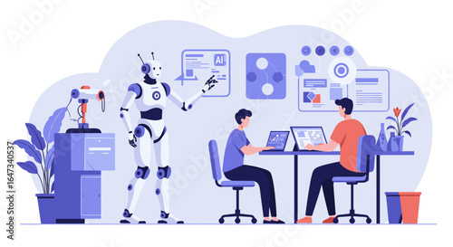 Futuristic office with robot assisting team in collaborative work environment