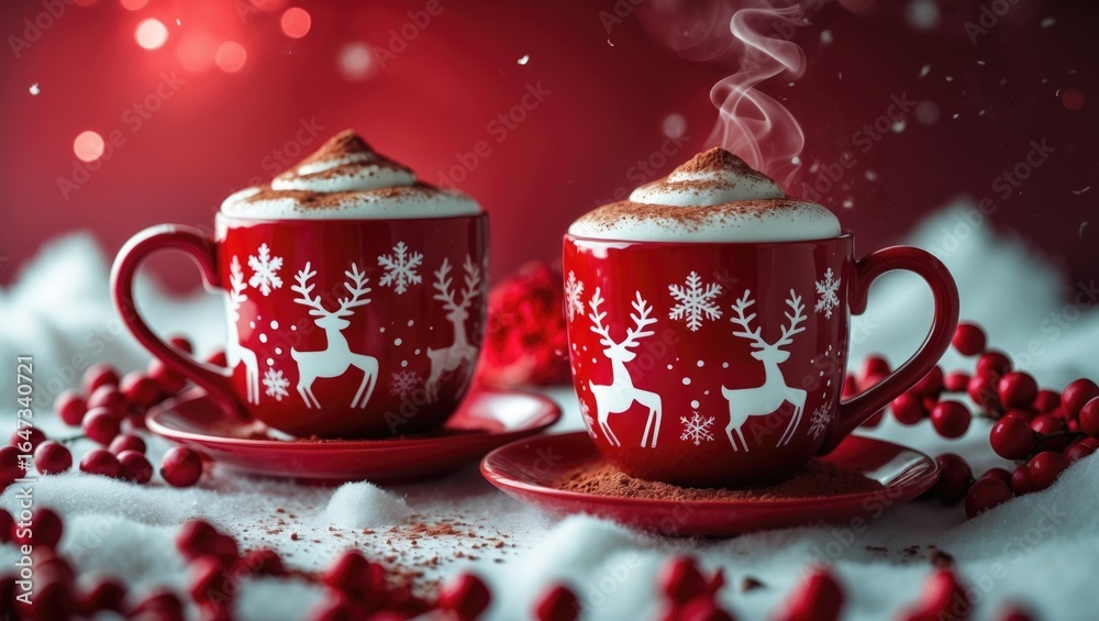 Fototapeta premium Two red mugs with reindeer and snowflake designs, filled with hot chocolate and whipped cream, surrounded by red berries and snow. Holiday and winter warm drinks.