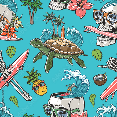 Tropical surf turtles and skulls design