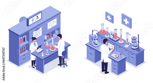 Isometric laboratory scene with scientists conducting experiments and analyzing data