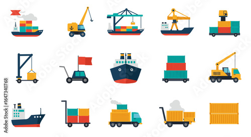 Flat design maritime logistics icons set for cargo transport and shipping industry