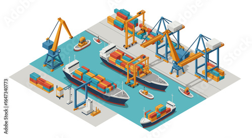 Isometric port scene with cargo ships and cranes in a busy harbor setting