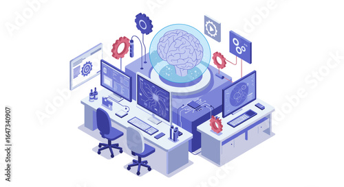 Futuristic isometric lab with brain hologram and advanced technology