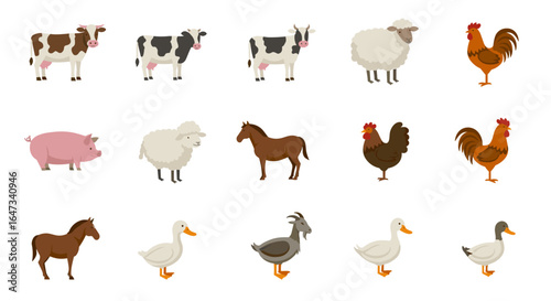 Diverse farm animals collection in flat cartoon style