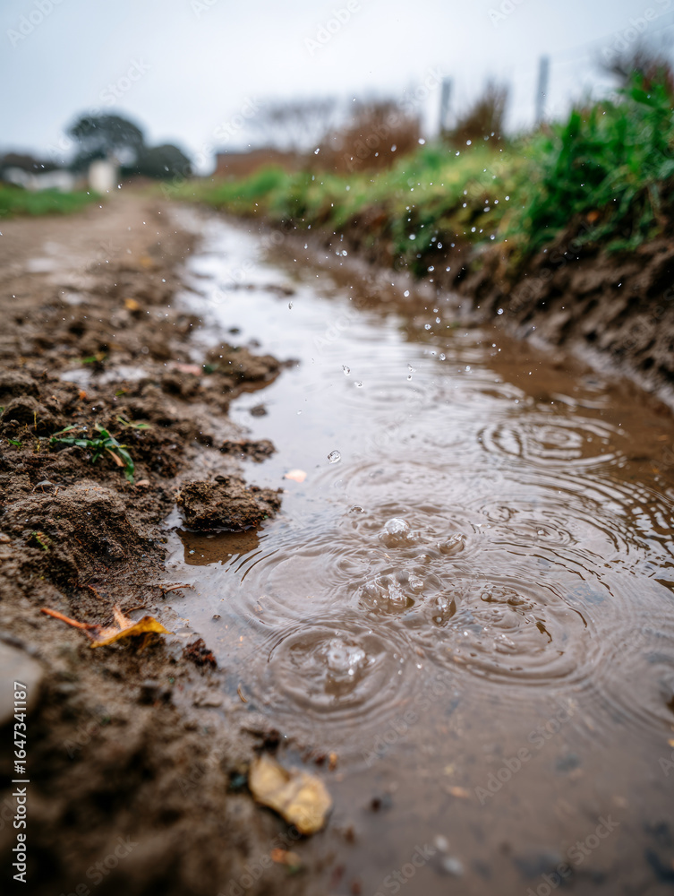 Obraz premium Puddle on a muddy path with raindrops splashing in rural setting.