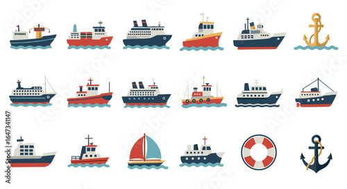Flat nautical icons set: boats, ships, and marine elements for design projects