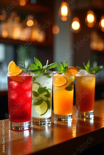 A fresh red cocktail with a lime wedge and ice sits in a glass at a bar