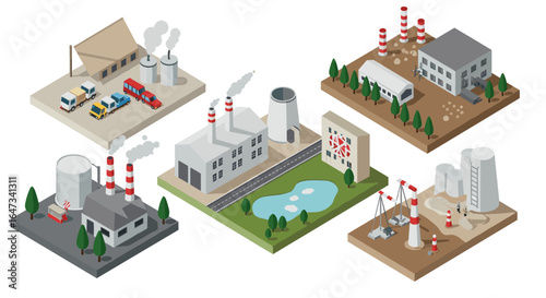 Isometric industrial complex with factories and smoke towers in urban landscape