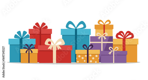 Colorful gift boxes with ribbons arranged in a festive display