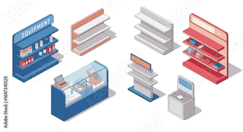 Isometric retail store displays with shelves and counters for product marketing