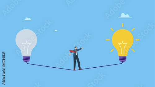 Businessman walk from old to bright lightbulb idea. Change or leadership transition, progress to new idea, business direction or discover opportunity, solution to solve problem, challenge.