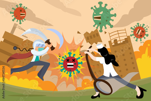 Super hero doctor and nurse team fight against Coronavirus pandemic ( Covid19 ) symptoms, disease, viral infection.