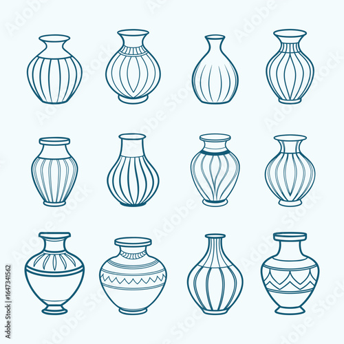Hand Drawn Decorative Vase Outline Set Pottery Design.