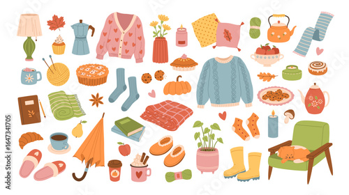 Colorful set of autumn hand drawn stickers. Traditional cozy fall icons. Hot drinks, sweater, plaids, pies, umbrella, socks. Cute doodle elements of comfortable autumn mood. Cartoon design
