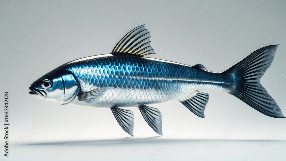Fototapeta premium A realistic model of a silver-blue fish with detailed scales and fins placed against a plain background.