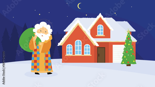 Santa Claus standing in front of the house at night. Vector illustration