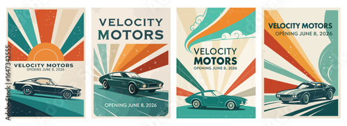 Stylish vintage car posters showcasing Velocity Motors opening on June 8, 2026.