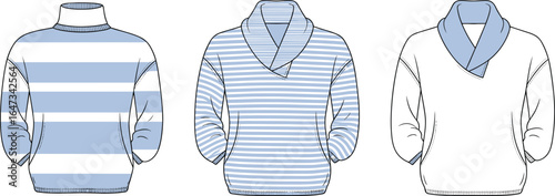 Striped sweater fashion design, CAD technical flat vector illustration, unisex pullover template, shawl collar knitwear, sewing pattern, stylish garment mockup, apparel design reference, clothing 