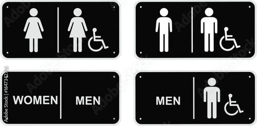 Toilet icons set. Men and women restroom icon sign right arrow. Disabled wheelchair icon. Vector Illustration