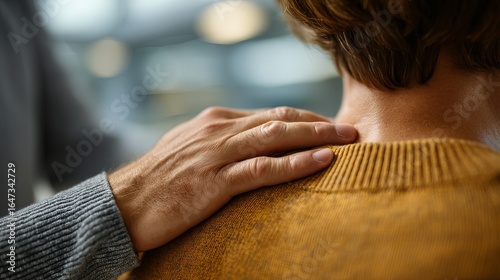 A comforting hand on a person's shoulder, featuring a male and female figure.